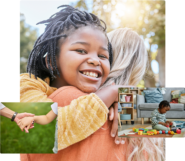 Three images of children holding hands, woman holding a child, child playing with toys